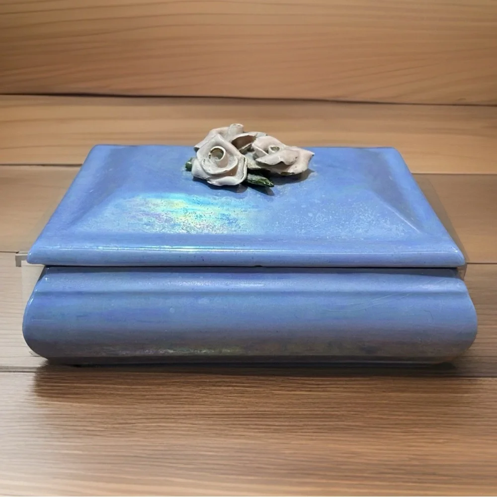 Vtg COVERED BOX Blue Sculpted Roses Flowers China Trinket Jewelry 5.5x4.25x2”